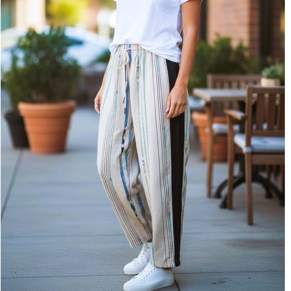 BRAND NEW ~ Women's Casual Summer Drawstring Blue Stripe Beach Pants ~ SMALL